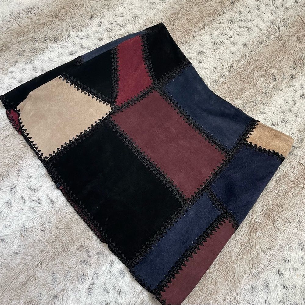 [M] Zara Softest Faux Suede Mauve, Blue & Creme Coloured Patchwork Mini Skirt